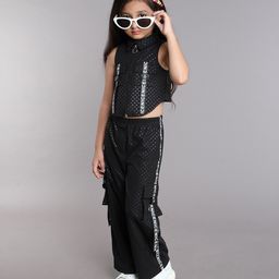 Taffykids Sleeveless Tape Detailed Polka Dots Printed Zip Up Crop Top With Coordinating Cargo Pant Set - Black-image-82