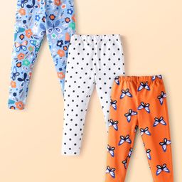 Babyhug Cotton Lycra Knit Full Length Leggings With Floral & Butterfly Print Pack of 3 - Blue White & Orange-picture-25