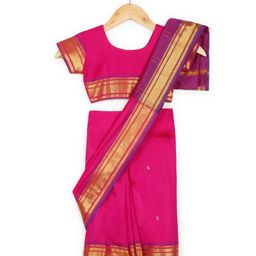 Little Ginnie Kanjivaram Zari Border Detailed Saree With Half Sleeves Blouse - Pink-image-92