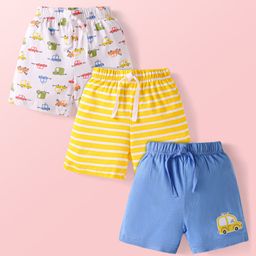 Babyhug Single Jersey Knit Mid Thigh Shorts with Stripes & Car Print Pack of 3 - Blue Yellow & White-image-97