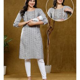 True Shape Three Fourth Sleeves Abstract Printed Maternity Kurta With Nursing Access - Grey-95