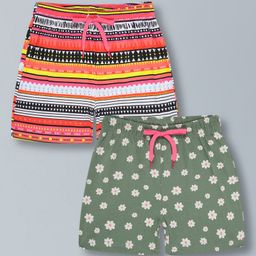 Plum Tree Pure Cotton Pack Of 2 Floral & Abstract Printed Shorts - Green & White-image-51
