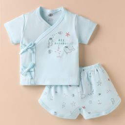 Zero Sinker Knit Half Sleeves Shorts Night Suit With All Aboard Text Print - Light Blue-image-8