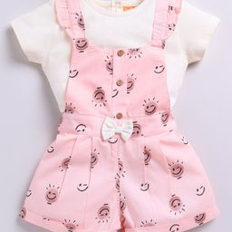 Snuggly MONKEY Single Jersey Sun Printed Bow Applique Detailed Dungaree With Half Sleeves Top - Peach & Off White-image-95