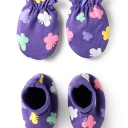 Babyhug 100% Cotton Interlock Knit Mittens & Booties With Butterfly Print - Purple-image-48
