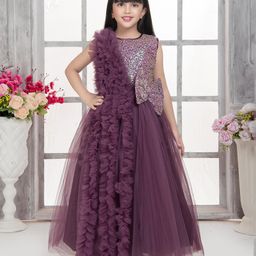 Tiny Kingdom Net Sleeveless Sequins Embellished Bow Applique Detailed Gown - Wine-image-86