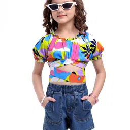 OLLINGTON ST. Cotton Knit Half Sleeves Floral Printed Top & Denim Shorts - White Pink & Indigo-picture-41