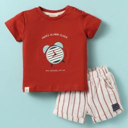 Ollypop Sinker Knit Half Sleeves T-Shirt and Shorts Set with Clock & Text Print - Red-image-90