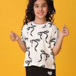 Anthrilo Cotton Half Sleeves Bow Printed Tee - White-image-15
