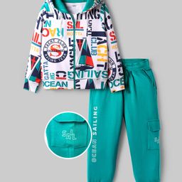 OLLINGTON ST. Cotton Full Sleeves Printed Hoodie Sweatjacket & Knit Joggers Set - White & Teal Blue-picture-26