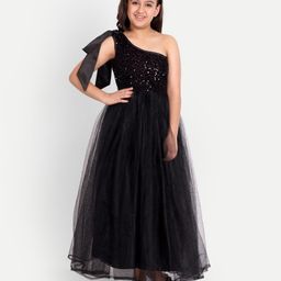 Tilism Net One Shoulder Sequins Embellished Gown - Black-image-3