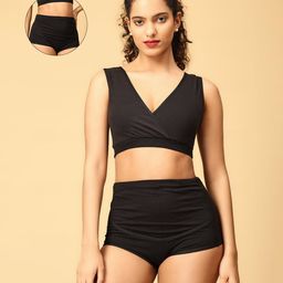 The Mom Store Cotton Sleeveless Solid Nursing Sleeping Maternity Bra & Overbelly Support Panties - Black-image-97