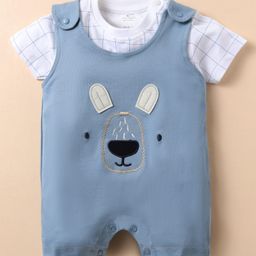 First Smile Sinker Knit Half Sleeves Dungaree Style Romper with Bear Patch - Blue-image-37