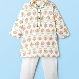 Babyhug Cotton Cambric Woven Full Sleeves Kurta Pyjama Set with Floral Print - White-picture-46