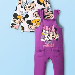 Babyhug Disney 100% Cotton Full Sleeves T- Shirt & Dungaree With Minnie Mouse Graphic - Multi Colour-picture-5