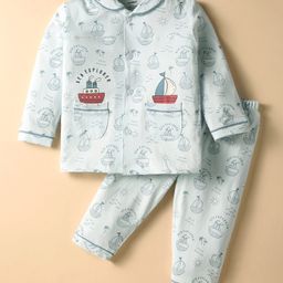 CUCUMBER Sinker Knit Full Sleeves Co-ords Night Suit With Nautical Theme Print - White-image-27