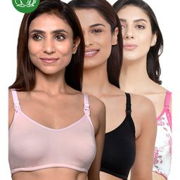 Inner Sense Organic Cotton Knit Pack Of 3 Solid & Floral Printed Antimicrobial Maternity Bras With Nursing Access - Multi Colour-picture-43