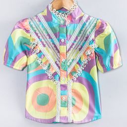 Hugsntugs Cotton Woven Half Puffed Sleeves Abstract Printed Lace Detailed Shirt Style Top - Multi Colour-image-82