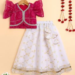 The Magic Wand Woven Flutter Sleeves Bandhani Printed Gota Lace Embellished Lehenga Choli Set - Fuchsia-picture-18