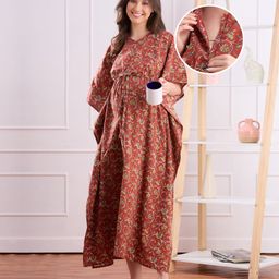 Bella Mama Cotton Woven Half Sleeves Maternity Kaftan with Floral Print - Maroon-picture-29
