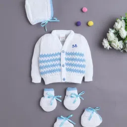 BUMZEE Knit Full Sleeves Cable Knit Design Solid Color Front Open Sweater with Cap Booties & Booties - White & Light Blue-picture-41