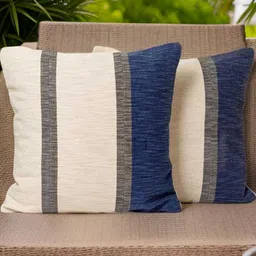 Aura Beige & Blue 2 Pieces Striped Woven Design Square Shaped Cushion Covers-image-11