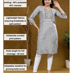 True Shape Three Fourth Sleeves Abstract Printed Maternity Kurta With Nursing Access - Grey image 3