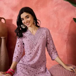 Sangria Geometric Embroidered Mirror Work Pure Cotton Straight Kurta With Trousers-49