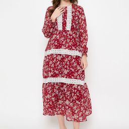 Imfashini Women Floral Print Puff Sleeve Georgette Maxi Dress-image-60