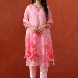 QSH Women Floral Yoke Design Regular Kurta with Trousers & With Dupatta-picture-6