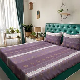 Myntra Elegant Homes Purple Geometric 300 TC Fitted Double King Bedsheet Set-2.5mX2.25m-picture-5