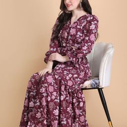 CORSICA Women V-Neck Puff Sleeves Cut-Outs Details Fit & Flare Maxi Dress-image-97