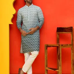 Jompers Men Floral Printed Regular Chikankari Kurta with Pyjamas-43