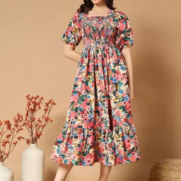 ZWERLON Floral Print Puff Sleeve A-Line Midi Dress-picture-41