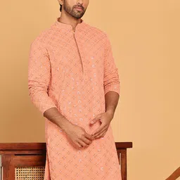 Anouk Peach Floral Embroidered SequinnedMandarin Collar Straight Kurta-image-18