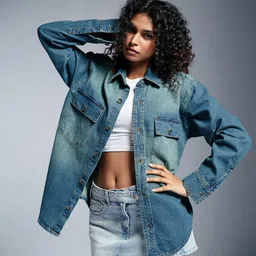 FREAKINS Women Washed Denim Jacket-image-76