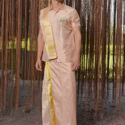 HILO DESIGN Floral Embroidered Shirt Collar Pure Silk Shirt & Dhoti With Dupatta-image-32