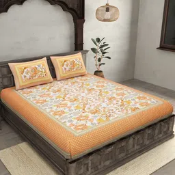 Bombay Spreads White & Orange Floral Cotton 180 TC King Bedsheet Set 2.74 m X 2.20 m-image-97