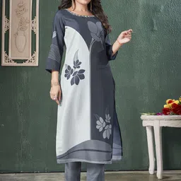 MOJILAA Floral Embroidered Thread Work Straight Kurta with Trousers-image-71