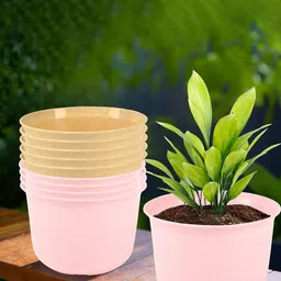Kuber Industries 10Pcs Pink & Beige Textured Planters With Plate-3