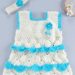 USHA ENTERPRISES Flower Embroidered Handmade SleevelessFrock With Hair Band - Blue-image-22