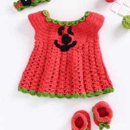 USHA ENTERPRISES Sleeveless Smiley Knit Detailing Sweater Dress With Headband & Booties - Pink-image-86