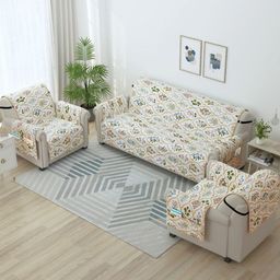 Story@home Beige & Green 3 Pieces Printed Microfiber 5 Seater Sofa Cover With Arms-image-124