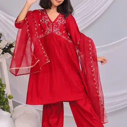 BAESD Girls Embroidered Regular Sequinned Kurti with Palazzos & With Dupatta-picture-4