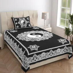 HOMELINE Jaipuri Black Printed Pure Cotton 144 TC Single Bedsheet Set 1.82 x 1.21 m-image-8