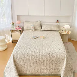JC HOME Cream-Colored & Green Single Bed Cover With Pillow Covers-14