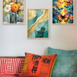 Kotart Yellow & Blue 3 Pieces Wooden Floral and Botanical Wall Arts-picture-1