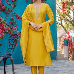 Moda Rapido Mustard Yellow Floral Embroidered Straight Kurta Straight Trousers & Dupatta-58