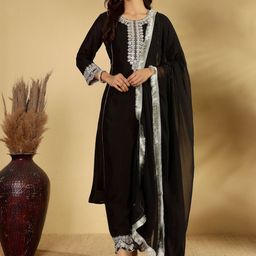 House of Pataudi Women Embroidered Kurta With Trousers & Dupatta-picture-28