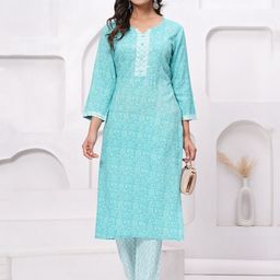 JAIPURI COLLECTION Women Ethnic Motifs Printed Panelled Kantha Work Kurta with Trousers & With Dupatta-picture-47